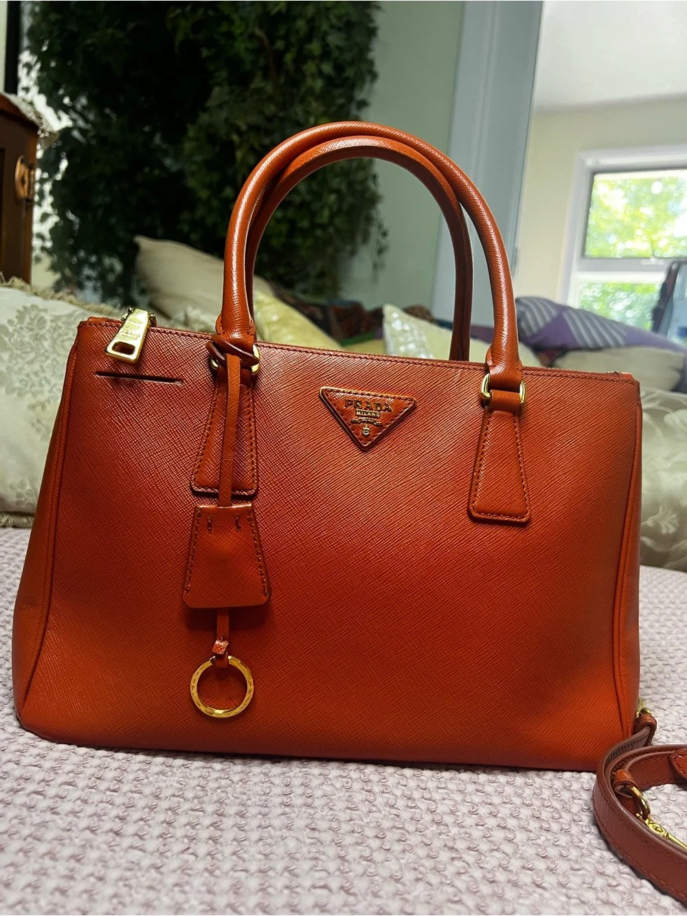 Prada Saffiano Lux Double Zip Orange Leather Tote Shoulder Bag COA